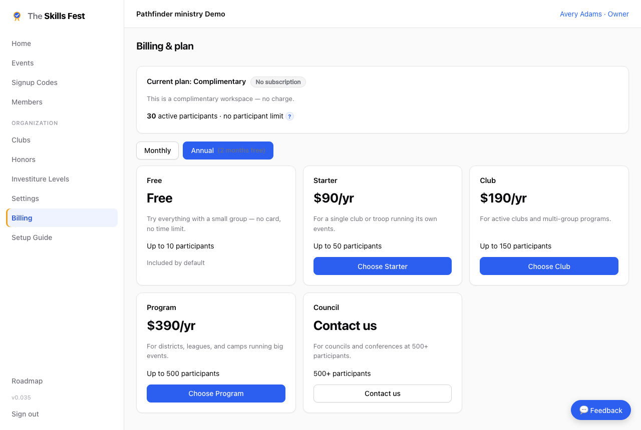 The billing page showing the current plan and participant usage