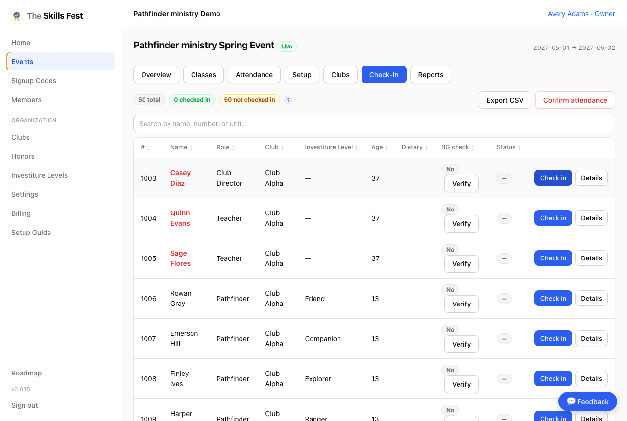 The check-in tab with live counts
