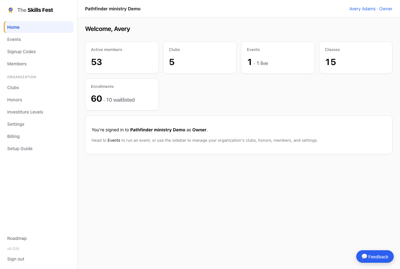 The Skills Fest dashboard with member, club, event, and class counts