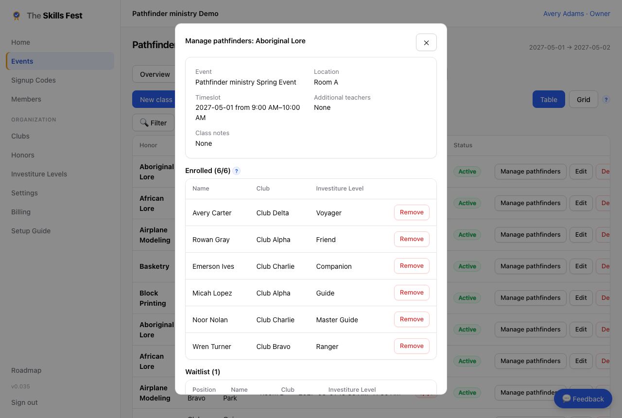 The manage-students dialog showing enrolled members and a waitlist