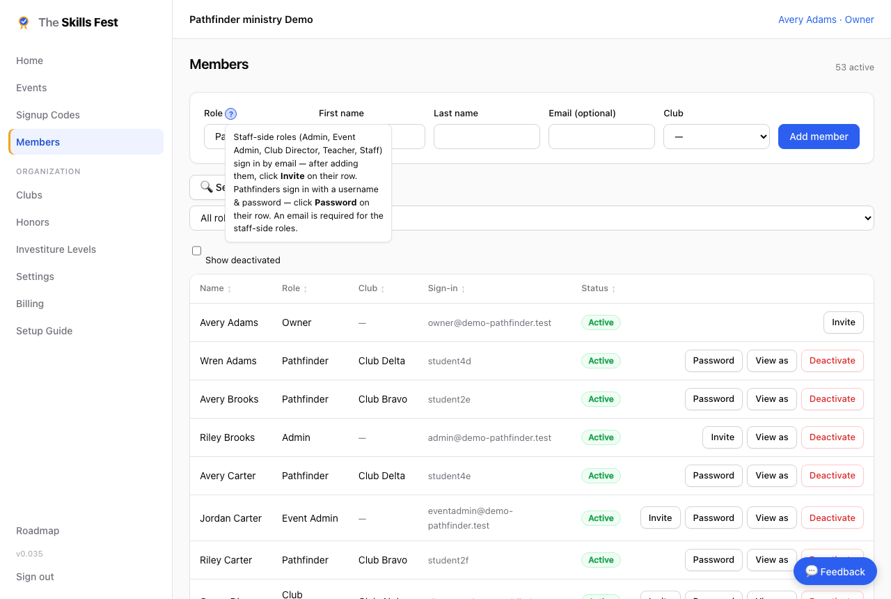 The Members page with a role help tip open