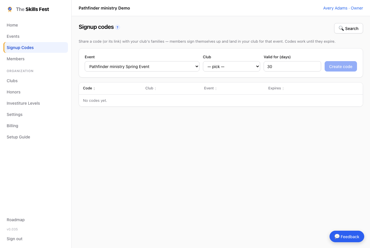 The signup codes page with a code and its shareable join link
