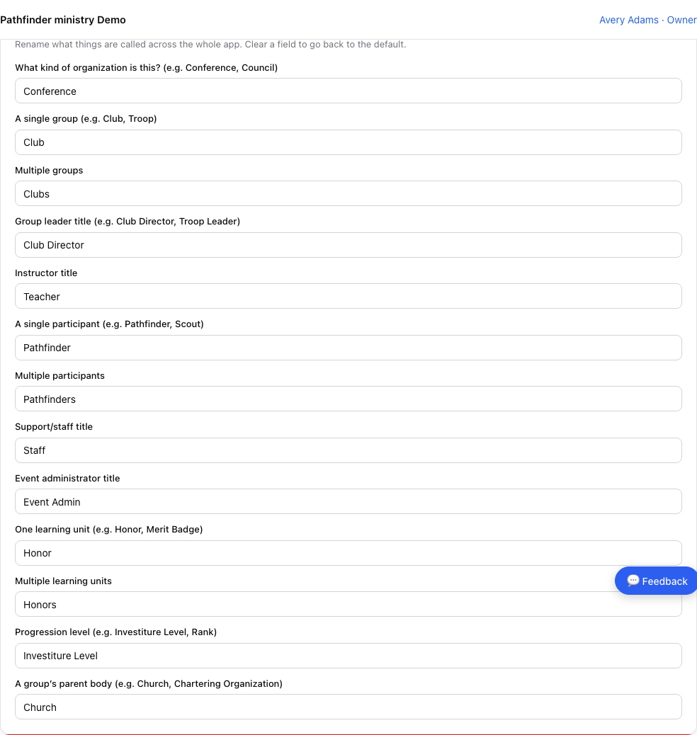 The Terminology settings card with renamable labels